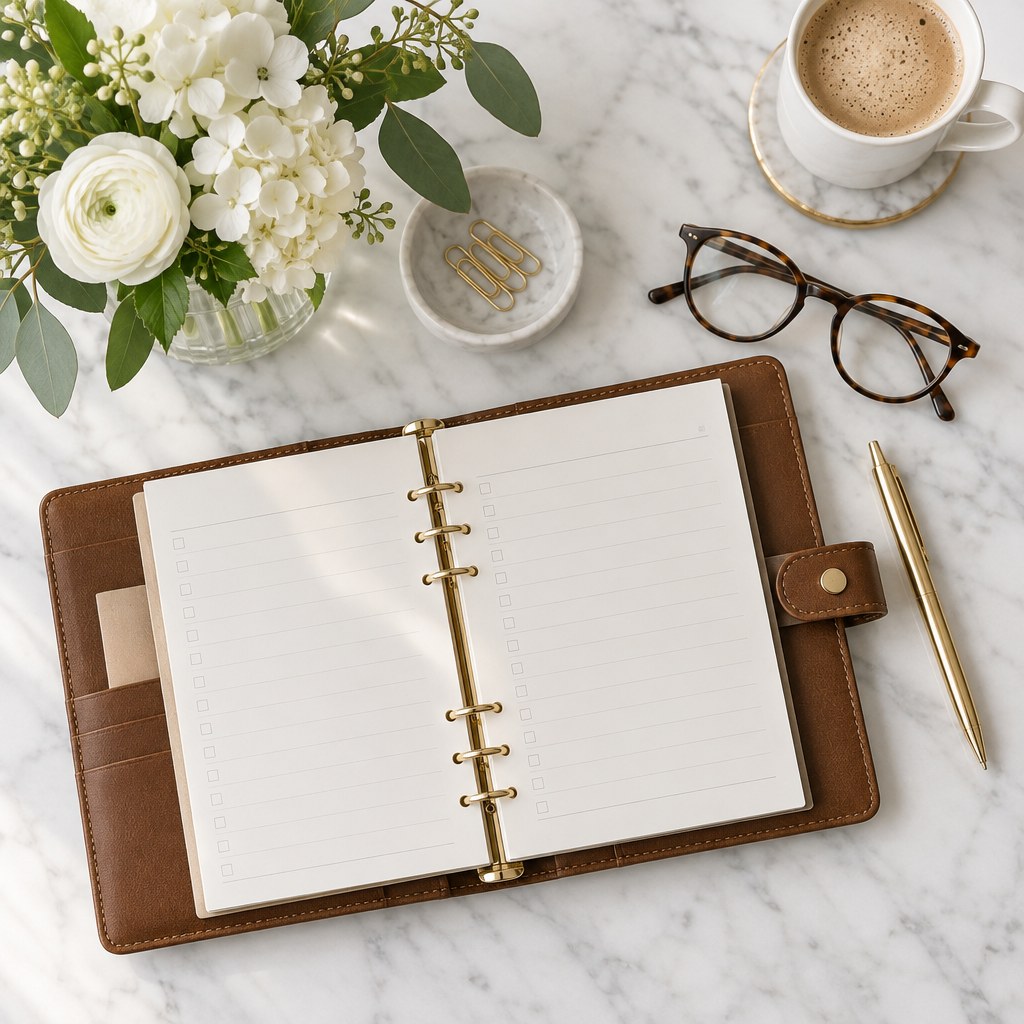 A desk flat lay with a planner, pen and flowers, illustrative