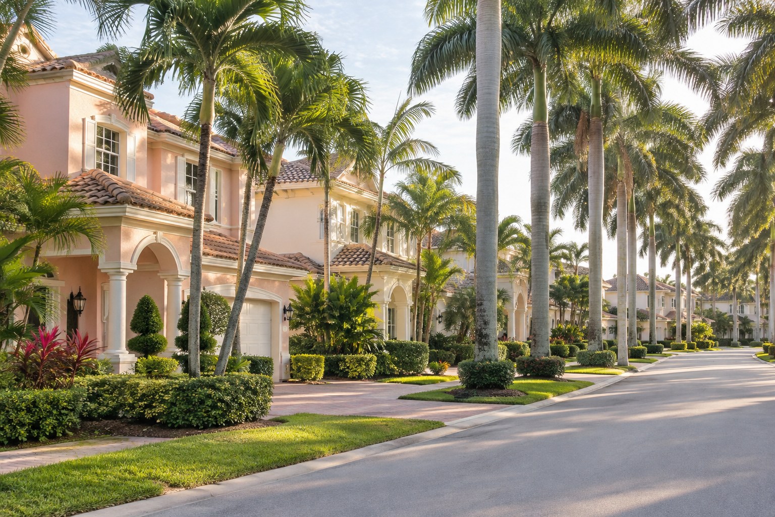 A Florida home with palms and a covered entry, illustrative