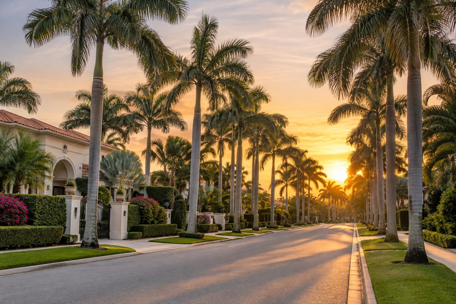 A palm lined residential street at sunset in Florida, illustrative