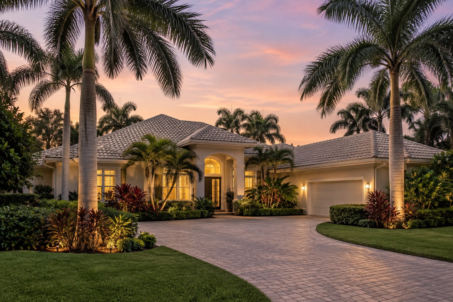 Homes along a palm lined Florida street, illustrative